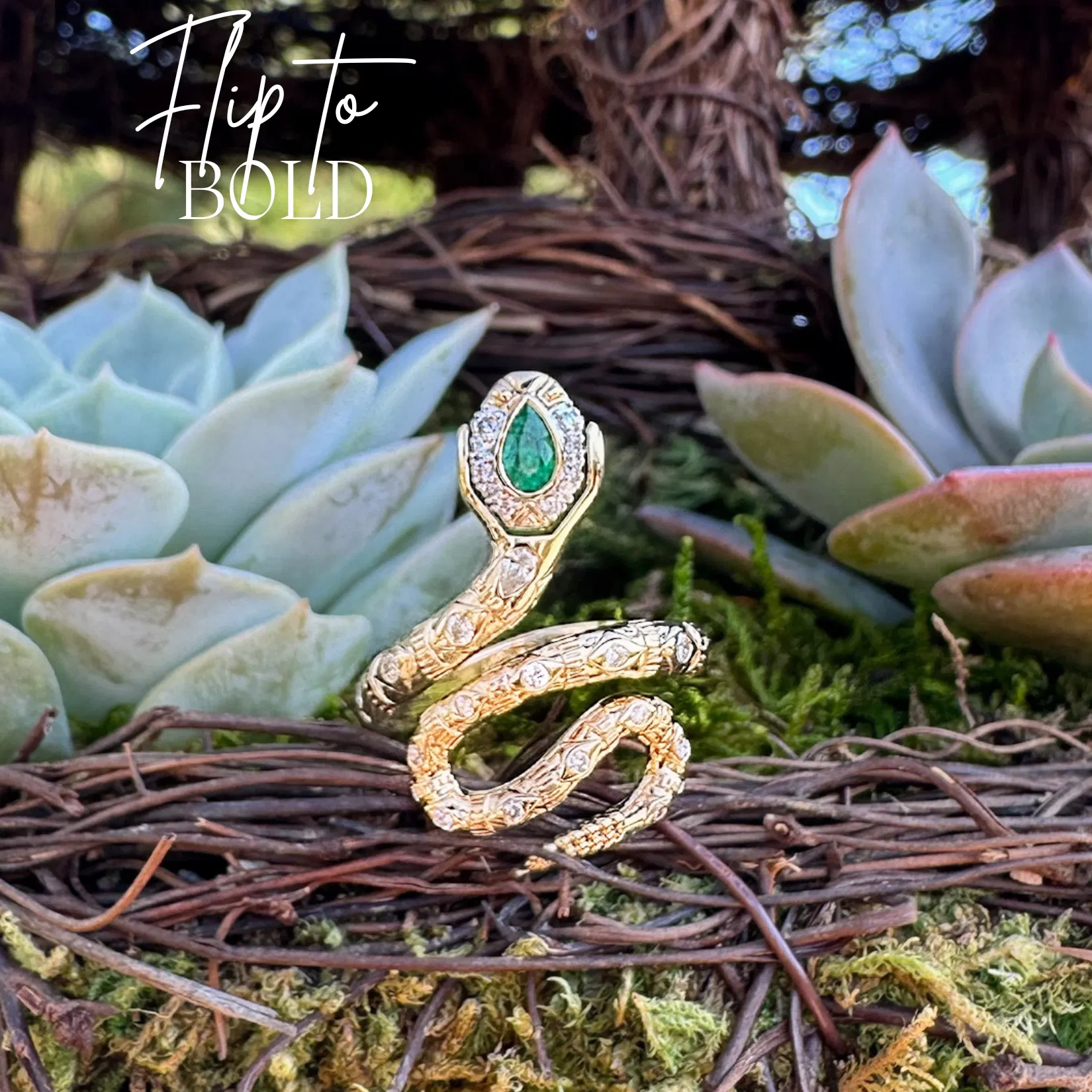 Image of Gold Snake Ring with Diamonds and Emerald | Three Stories Jewelry